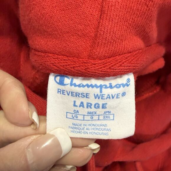 CHAMPION Reverse Weave Spellout Logo Hoodie Large Red 90s Streetwear Vintage - Picture 7 of 10
